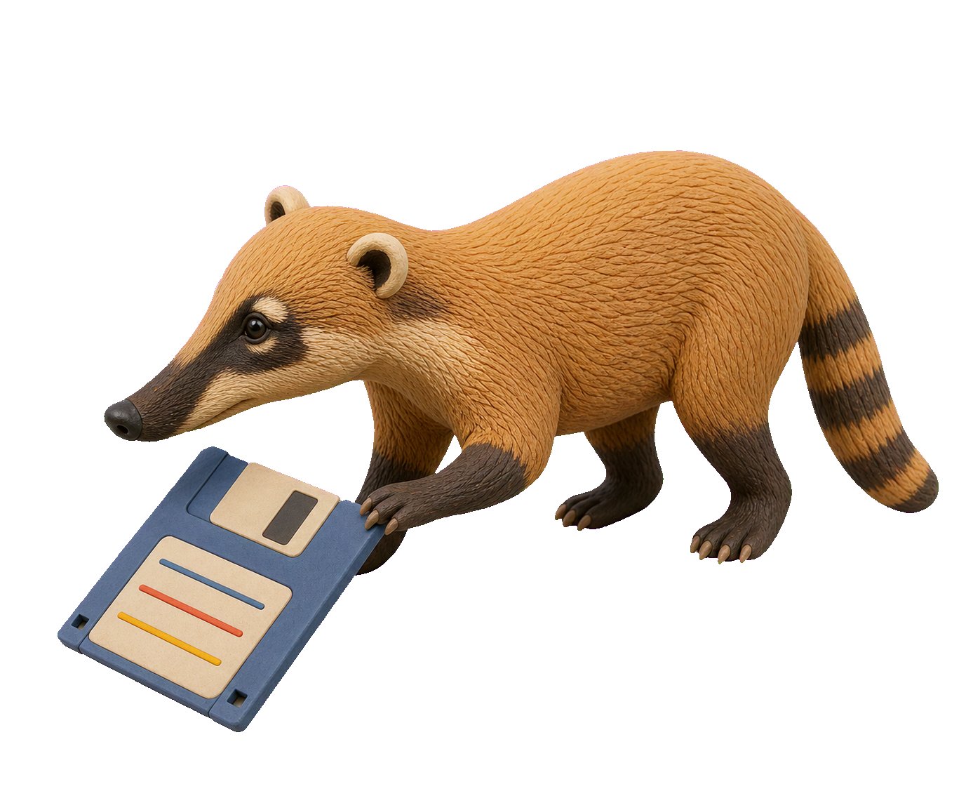 Claymation coati pinning the corner of a floppy disk