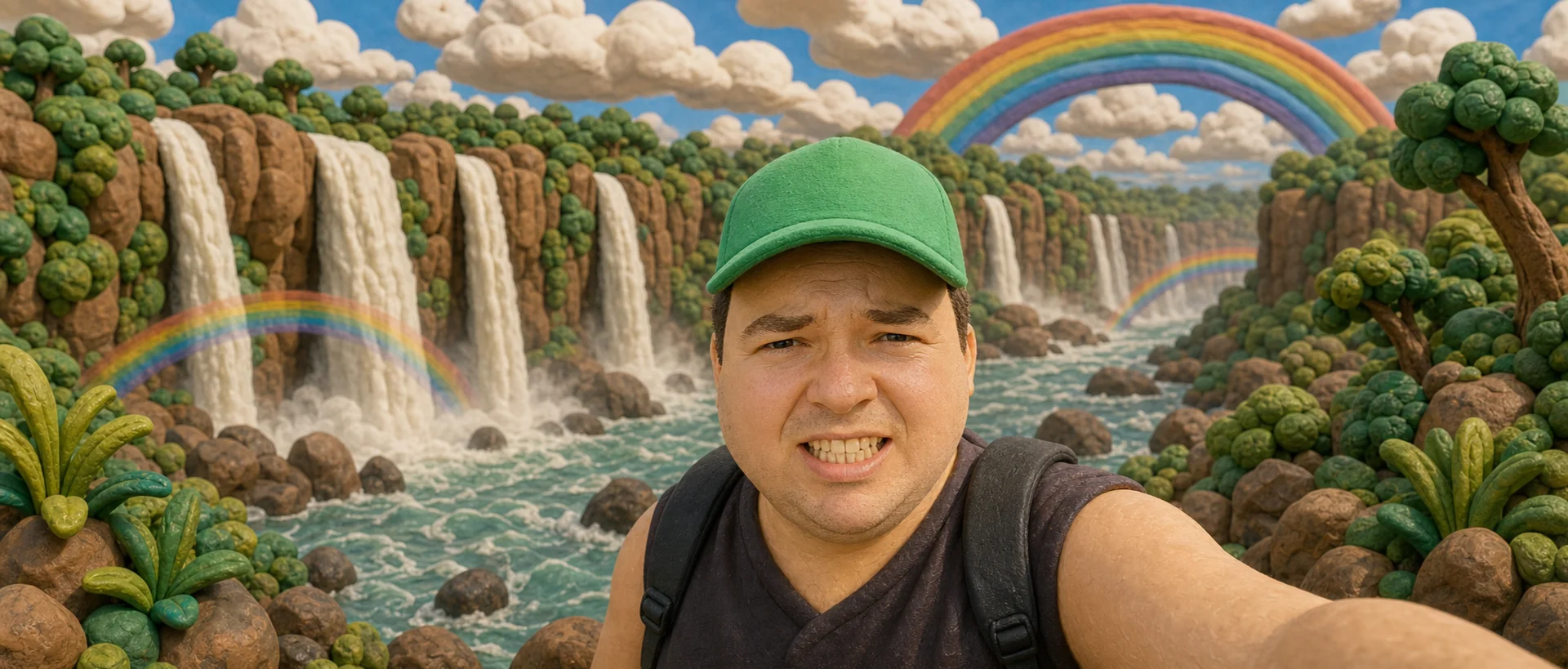 Whimsical claymation waterfall hero with a traveler in a green hat